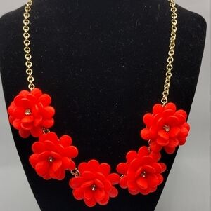 J CREW CREW- CUTS-Statement Necklace Gold Tone Red Flowers